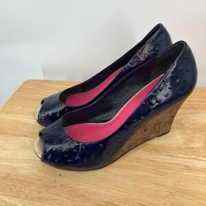 LILLY PULITZER CORK wedge blue leather peep toe heels women’s shoes size 8 1/2
